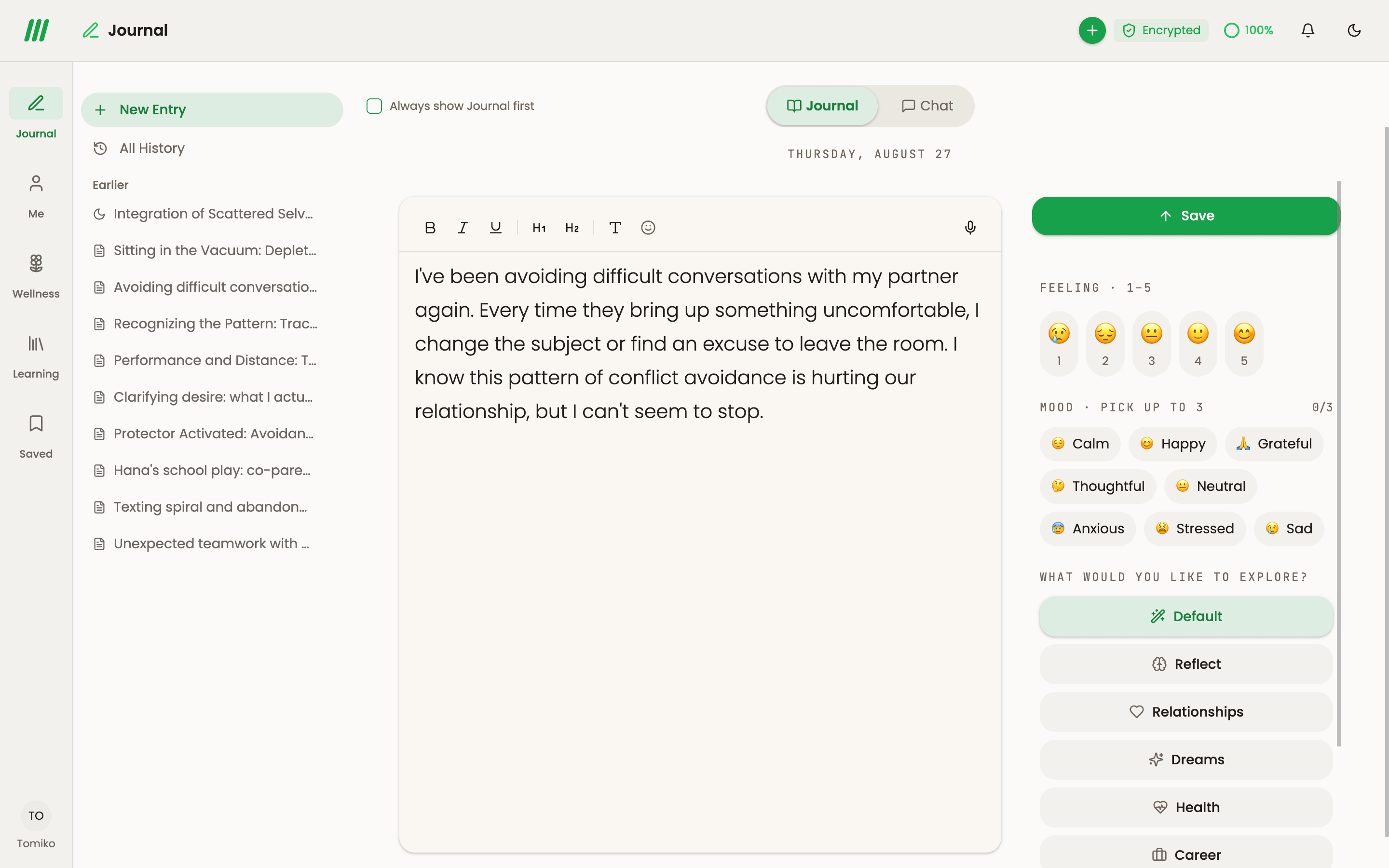 Patternwise on desktop — a journal entry alongside a feeling scale, mood tags and AI reflection prompts